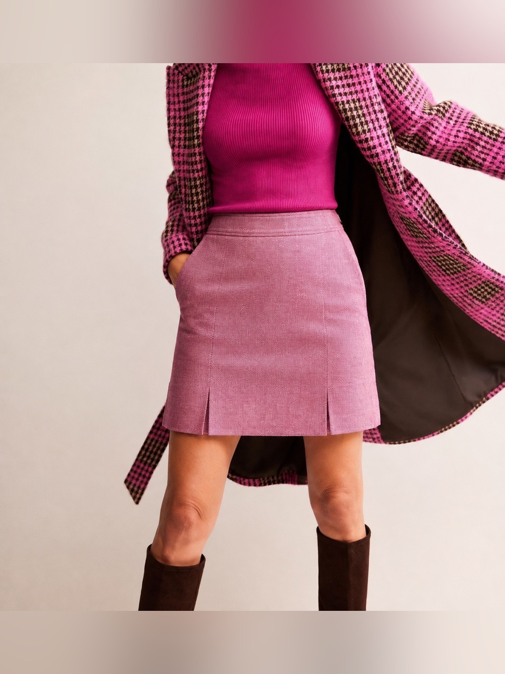 Boden British Tweed By MOON Pink Herringbone In 8 Long 100% Wool